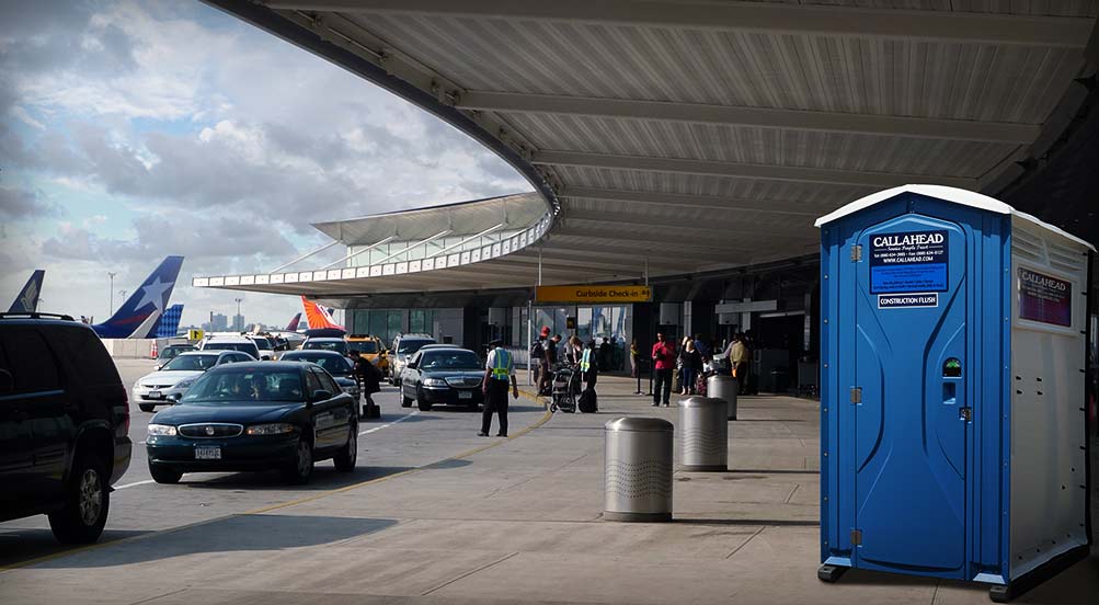 The Blue And White Construction Flush Portable Toilet At Airport
