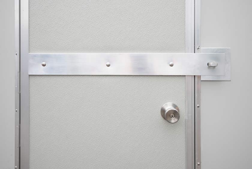 STEEL FIREPROOF DOOR, KEYED DOOR LOCK, AND FULL DOOR HASP FOR PADLOCK