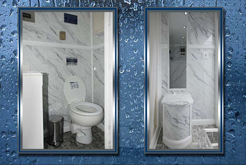 FULL SIZED PORCELAIN TOILET AND MARBLE CAPPED BENCH TO SIT