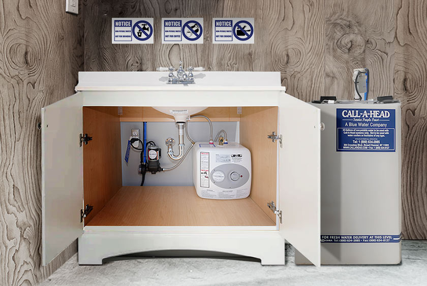 WATER PUMP AND HOT WATER HEATER ARE CONTAINED UNDER VANITY