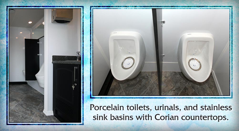 The Aqueduct Restroom Trailer Has Porcelain Toilets, Urinals, And Stainless Sink Basin With Corian Countertops