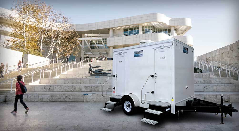 The Blue Steel Restroom Trailer Near School Area
