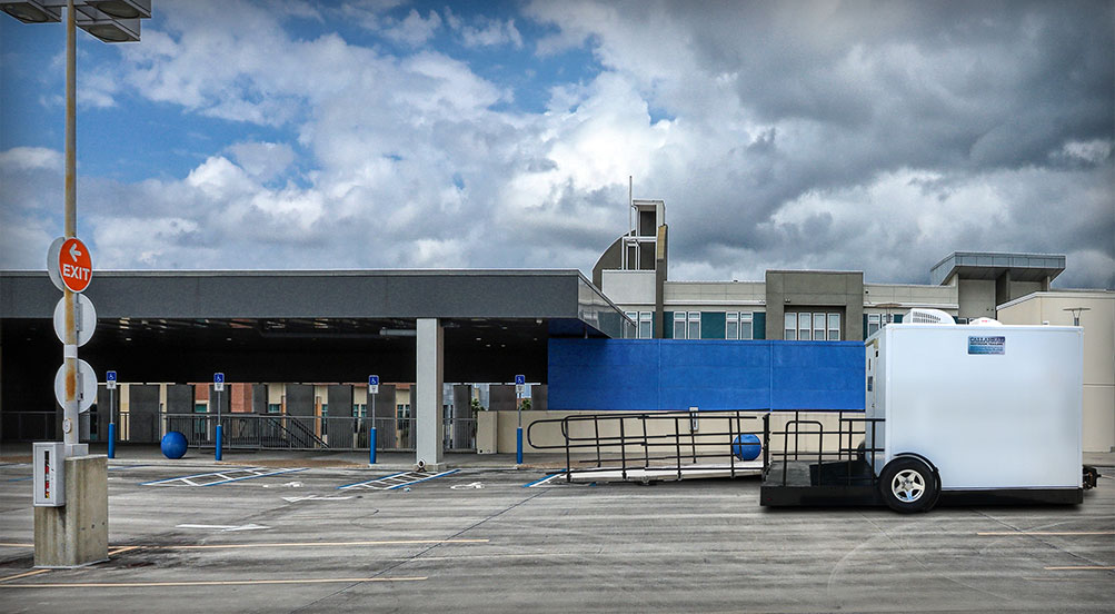 Liberty handicap Restroom Trailer In A Parking Lot