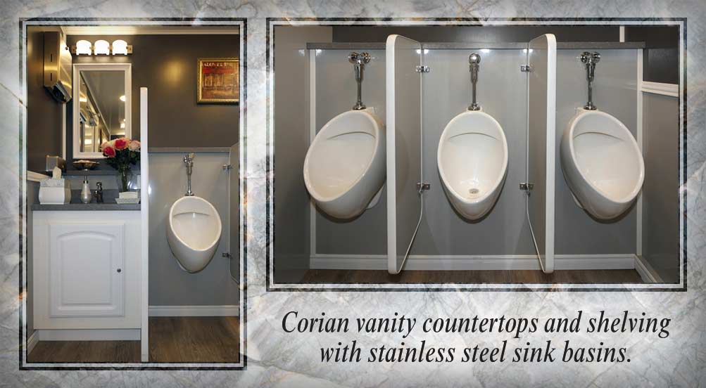 The PARKSIDE Restroom Trailer Has Vanity Countertops, Shelving, And Steel Sinks