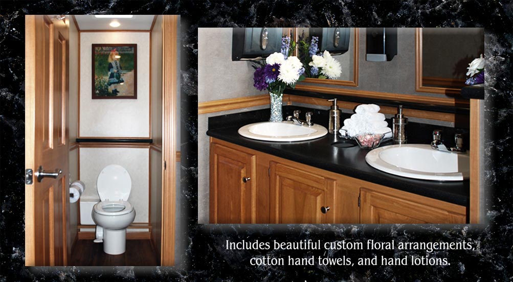 The REGENCY Luxury Restroom Trailer Includes Beautiful Custom Floral Arrangements, Cotton Hand Towels, And Hand Lotions