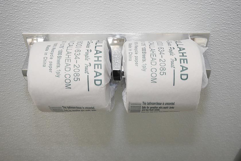 DUAL TOILET PAPER DISPENSERS IN EACH STALL