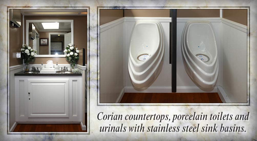 The White Horse Luxury Restroom Trailer Has Corian Countertops, Porcelain Toilets, And Urinals With Stainless Steel Sinks