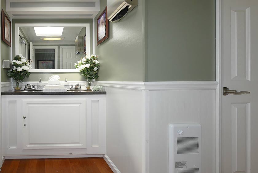 WOMEN'S VANITY AREA OF THE WHITE HORSE BATHROOM TRAILER