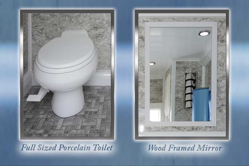 FULL SIZE PORCELAIN TOILET AND WOOD FRAMED MIRROR