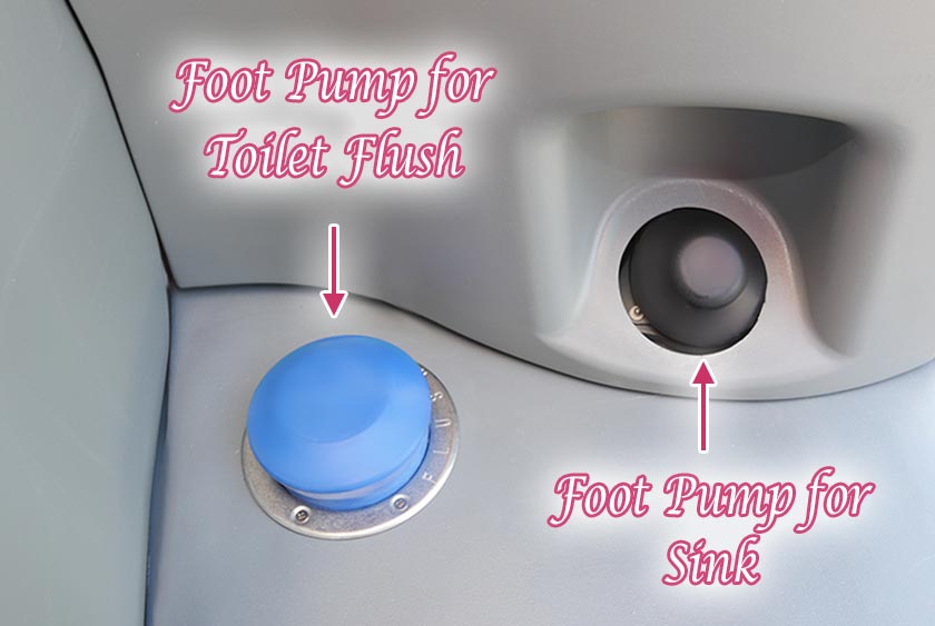 FOOT PUMPS FOR BOTH THE SINK AS WELL AS THE FLUSHING TOILET