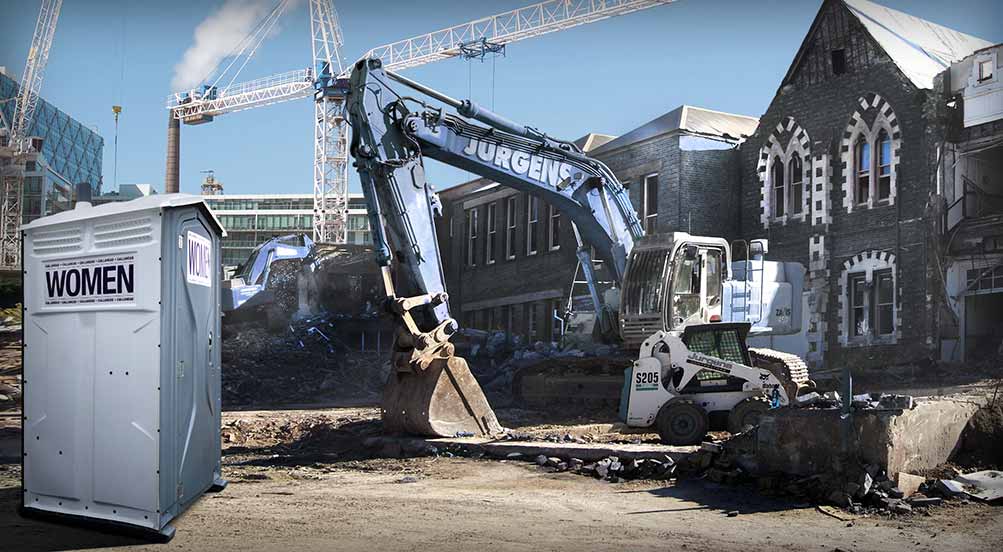 The Womans Wash And Flush Portable Toilet Near Construction Site